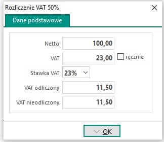Okno rozliczenie VAT 50%