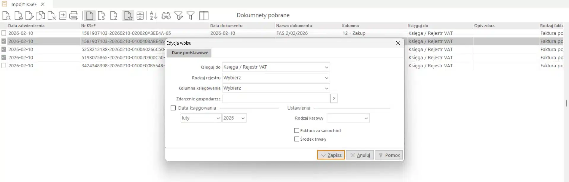 parametry ksiegowania